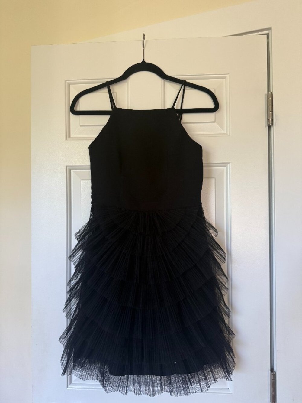 BCBGMaxAzria Black Tiered Tulle Midi Dress, Spaghetti Straps, Size 0